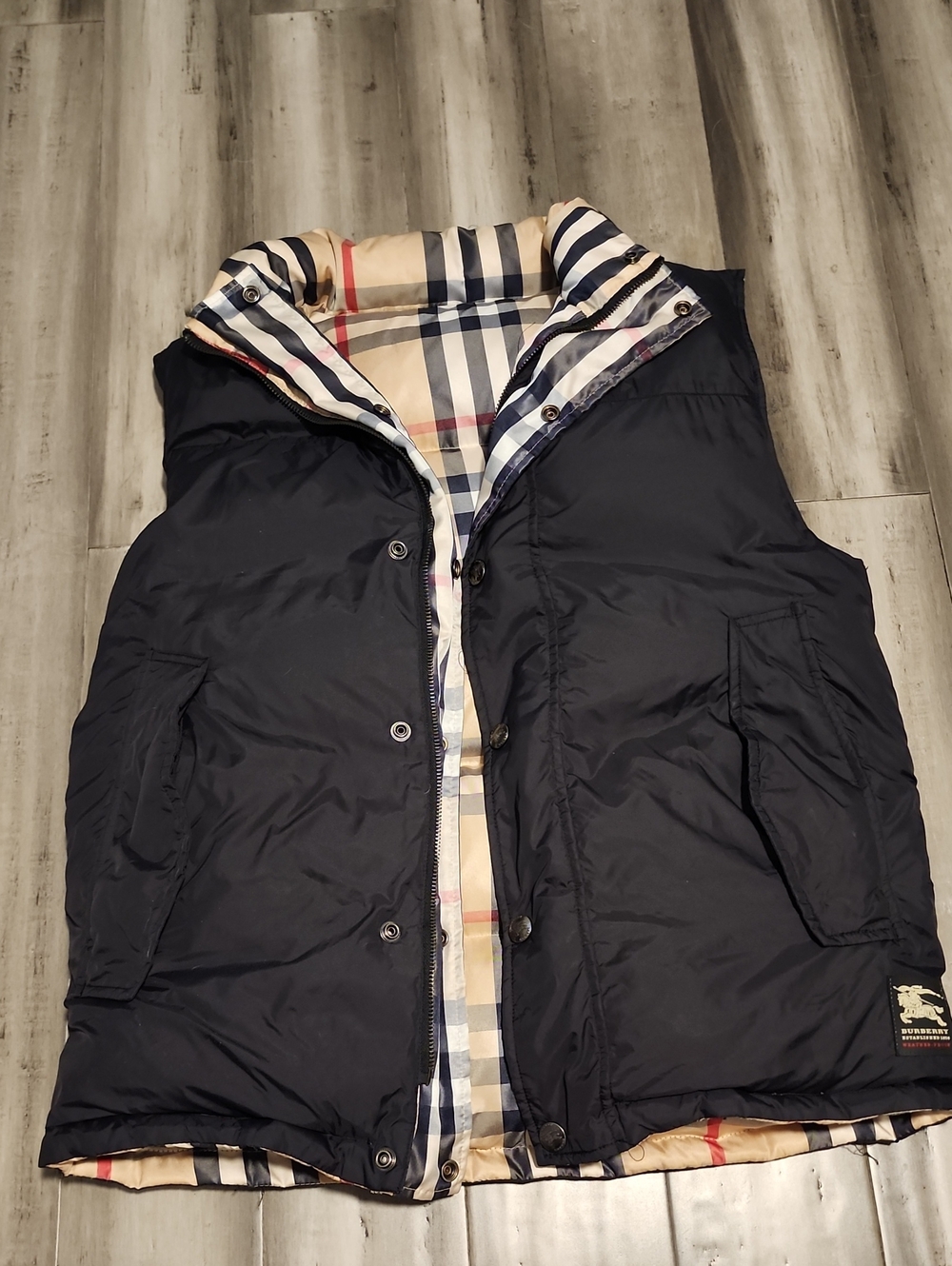 Burberry Black Puffer Vest with Beige Check Lining